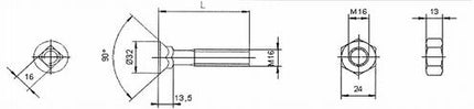 23010501: Plovbolt M16x50 DIN608 m/firkantsats. (8.8)