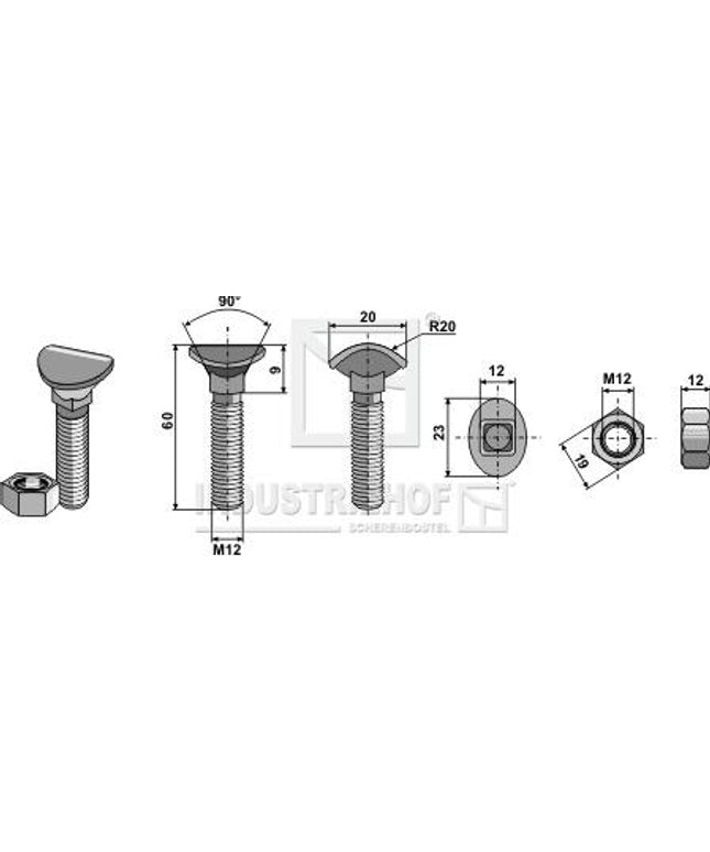 Radrenserbolt M 12x60 mm