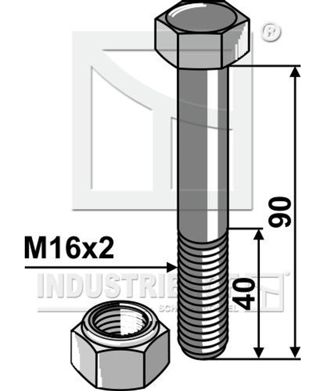 63-1690 Maskinbolt M16x2x90mm 10.9 med låsemøtrik