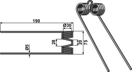 8221380 Rivefjeder til Claas, MF og Claas 190mm Ø5mm