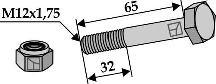 Sekskant bolt med låsemøtrik M12x1,75x65